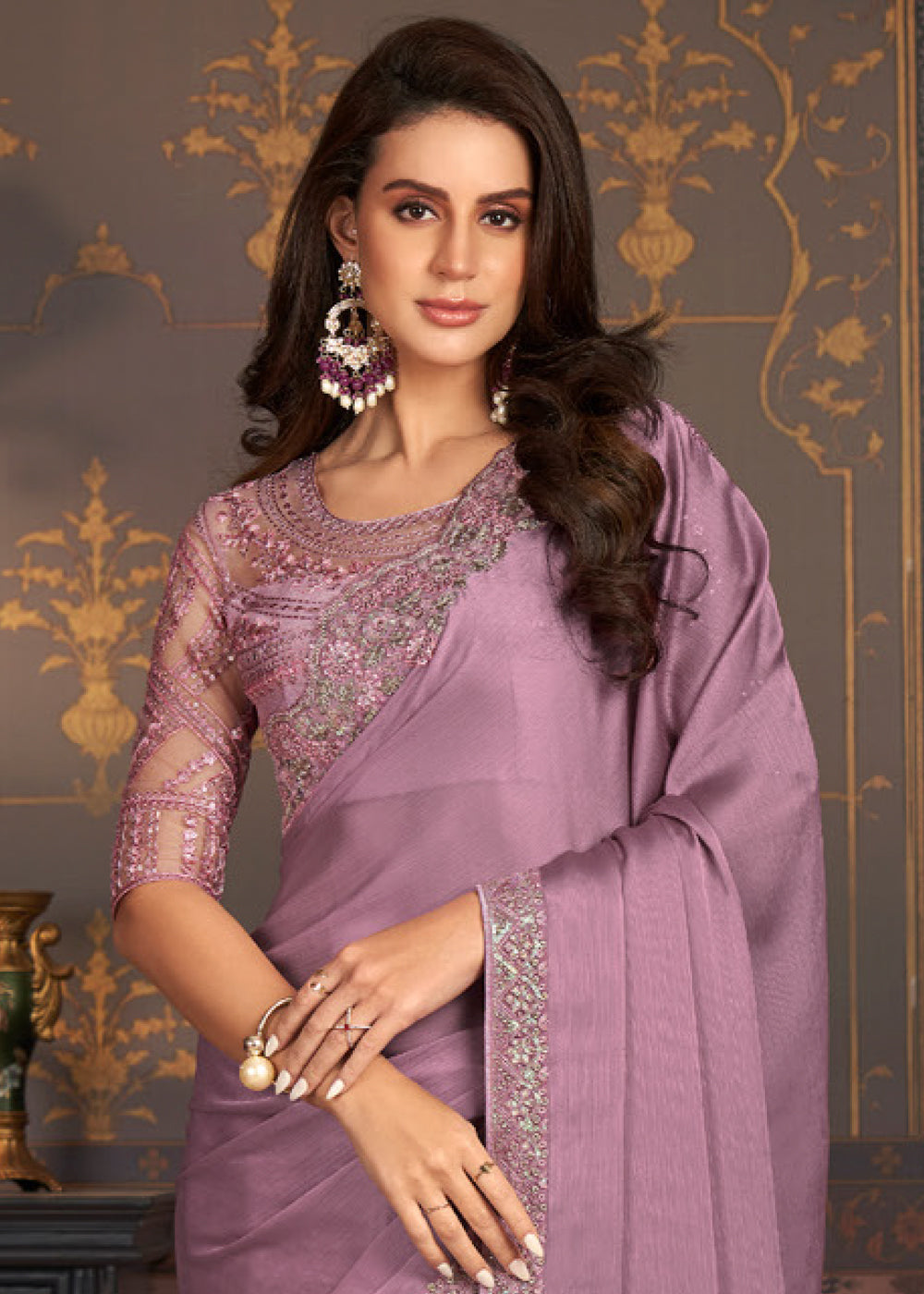 Mauve Purple Designer Embroidered Chiffon Silk Saree - qivii