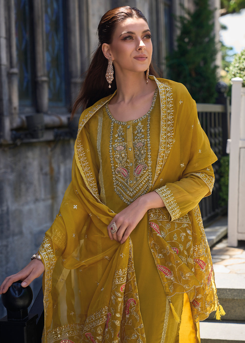 Mustard Yellow Organza Suit with Floral Embroidery work