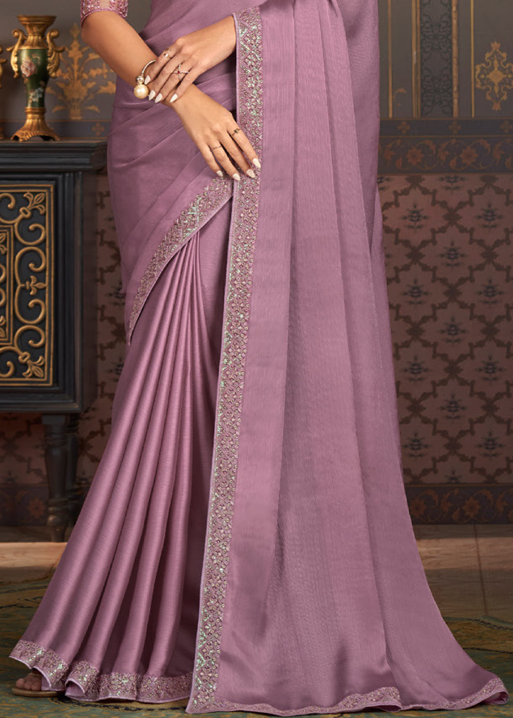 Mauve Purple Designer Embroidered Chiffon Silk Saree - qivii