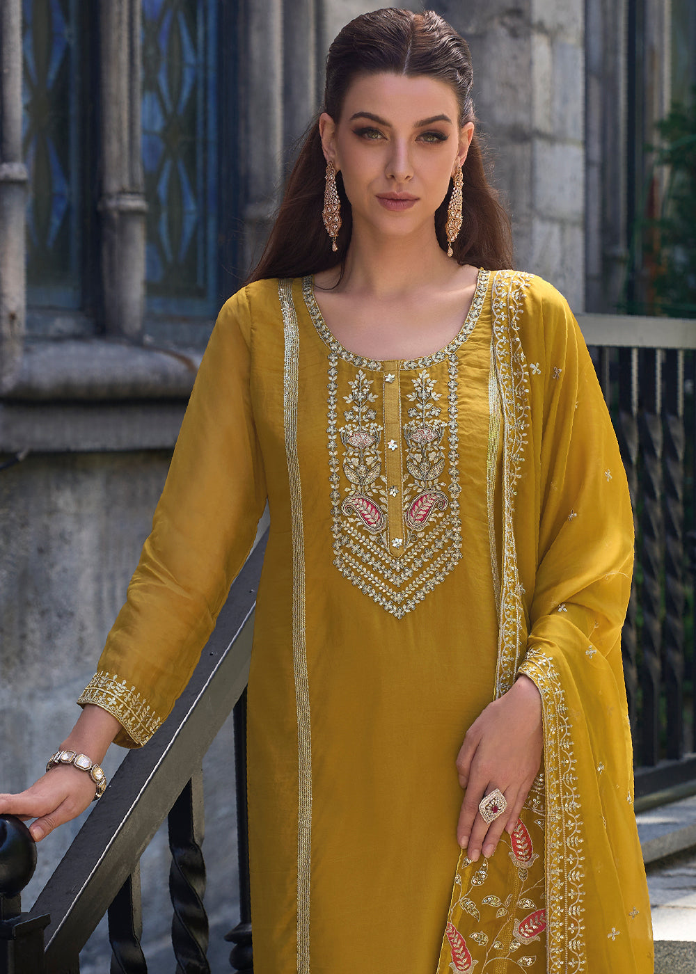 Mustard Yellow Organza Suit with Floral Embroidery work