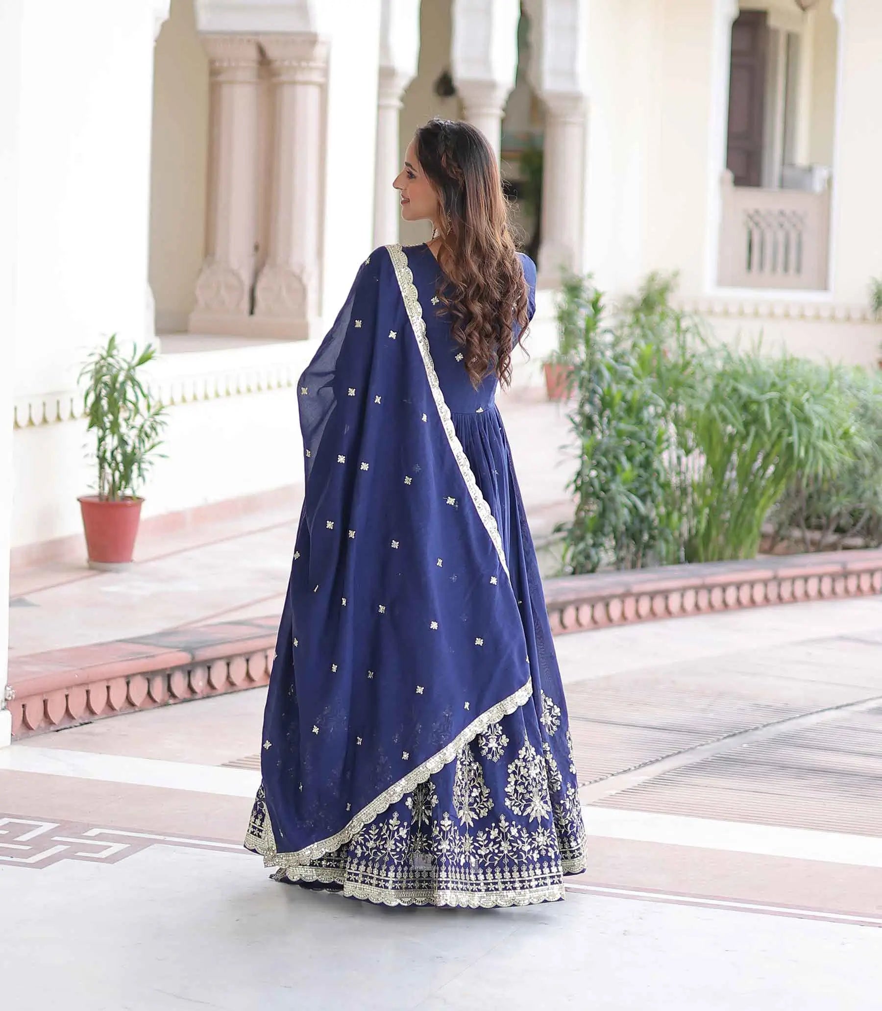 Blue Silk Gown With Embroidery Work