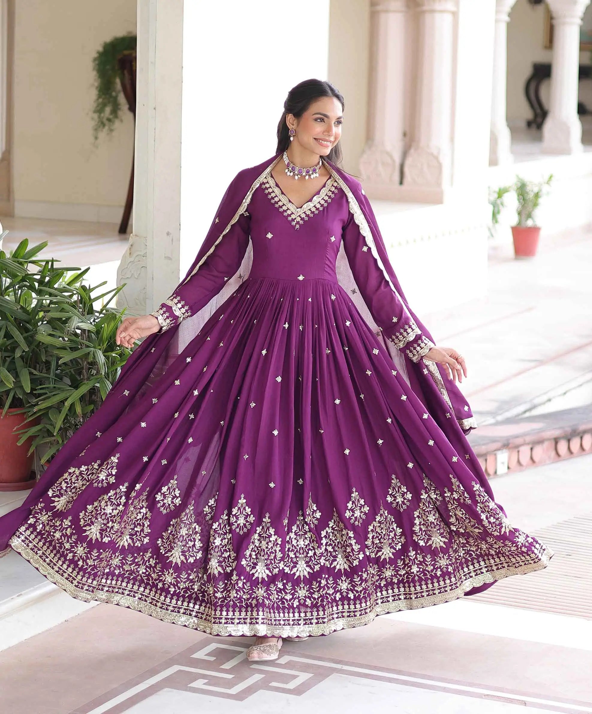 Dark Raspberry Embroidery Work Gown