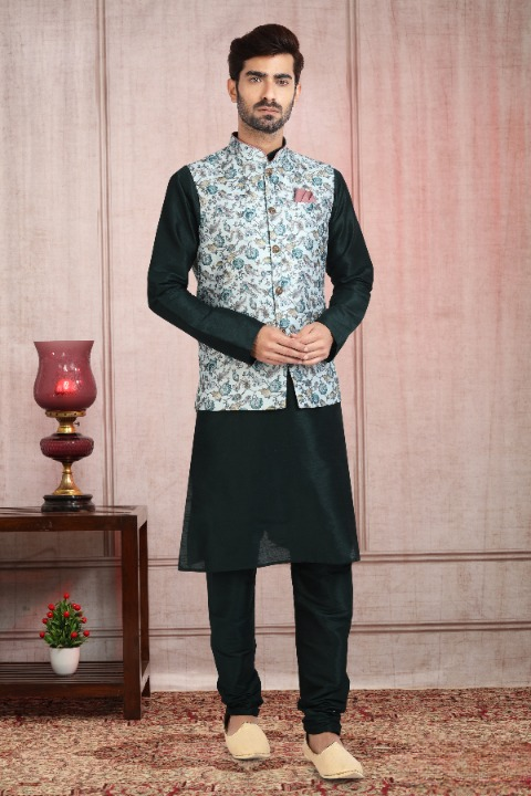 Men's Art Banarasi Silk Printed Work 3 Pics Jacket Set In Pista Green Colour
