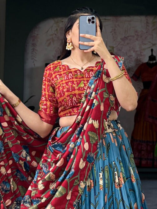 Combination Tussar Silk Lehenga Choli in exquisite teal and patola print