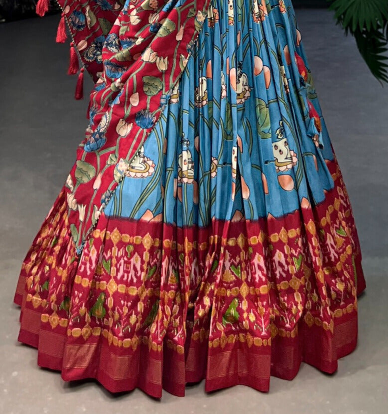 Beautiful combination Tussar Silk Lehenga Choli with a stunning teal Pichwai and Patola print