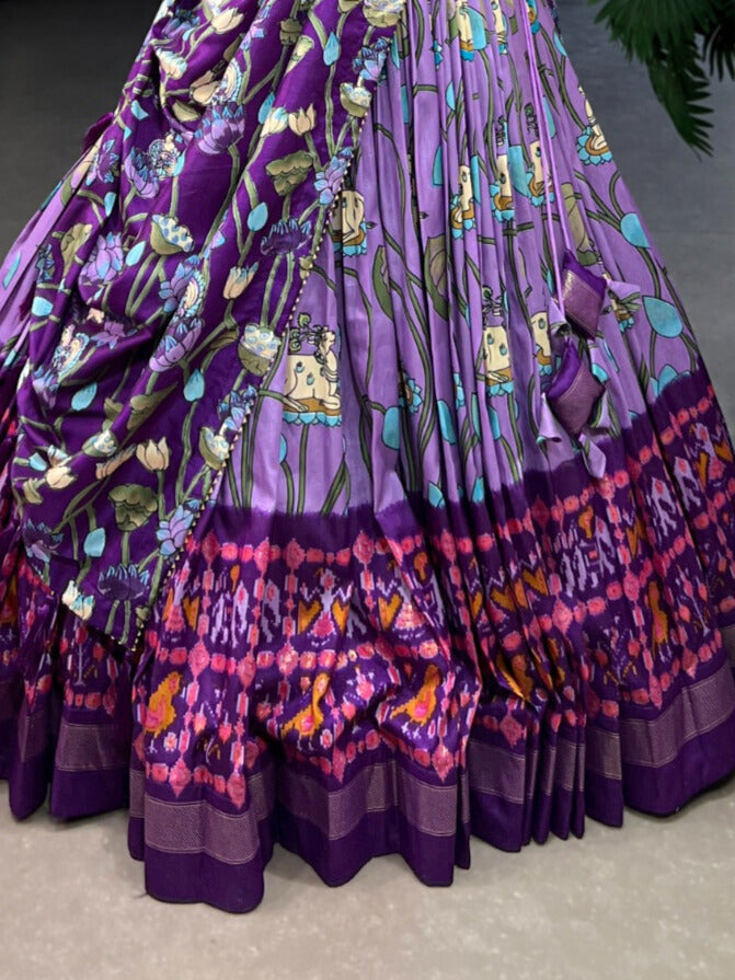 Lavender Pichwai and Patola Printed Combination Tussar Silk Lehenga Choli