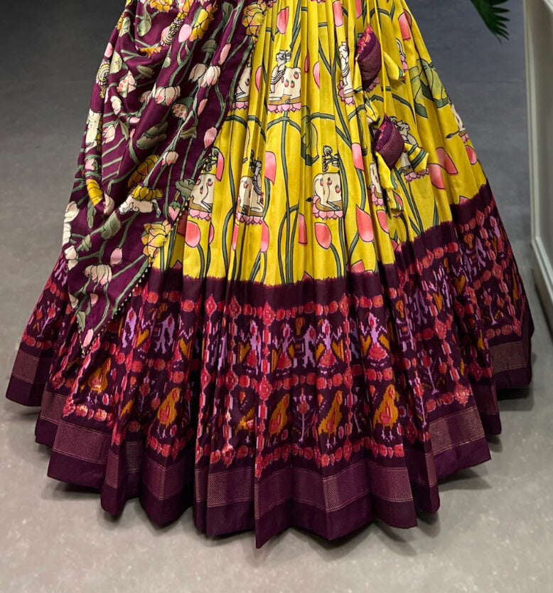 Yellow Pichwai and Patola Printed Combination Tussar Silk Lehenga Choli