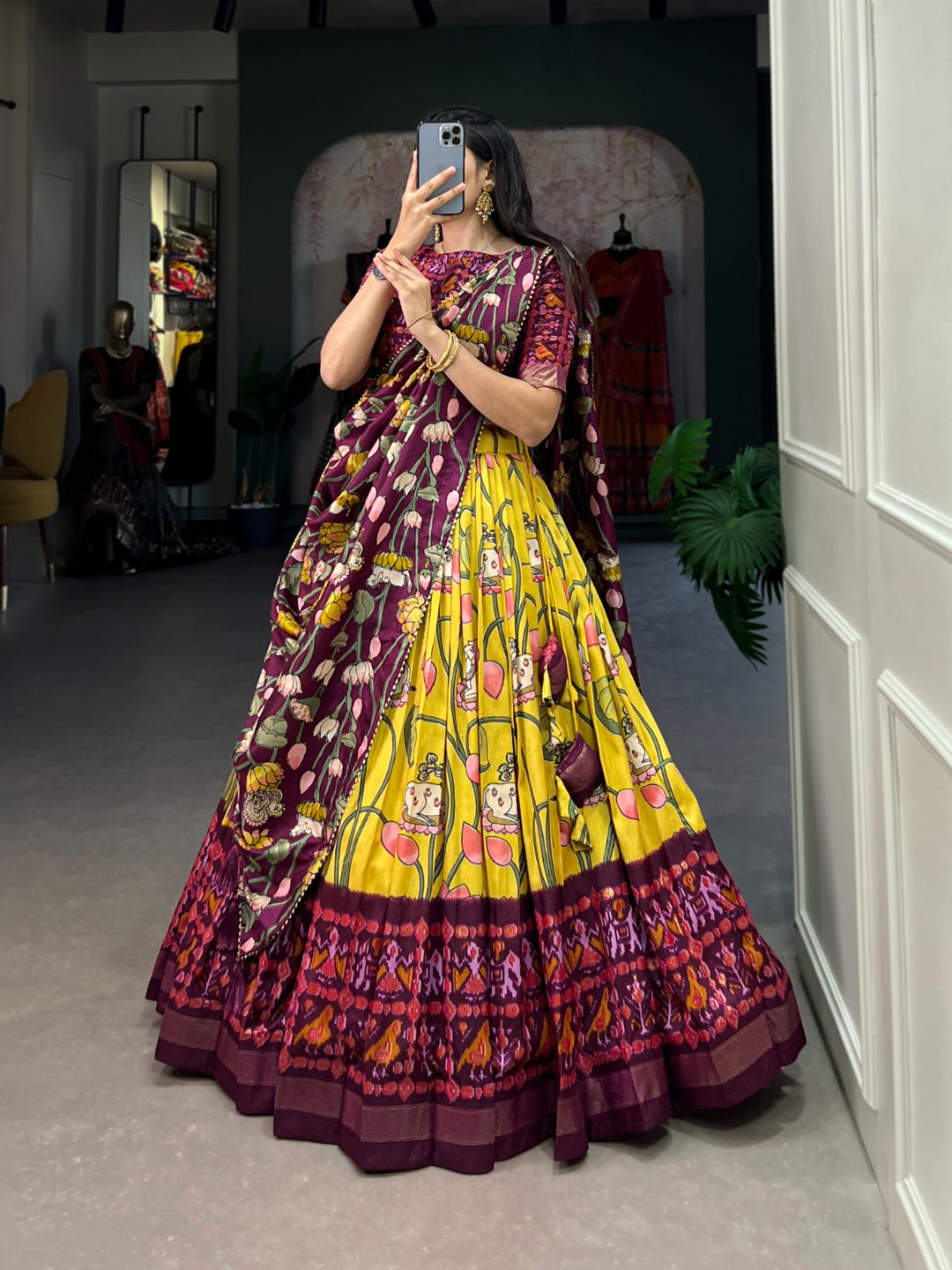 Beautiful Yellow Pichwai and Patola Printed Tussar Silk Lehenga Choli, perfect for special occasions and events