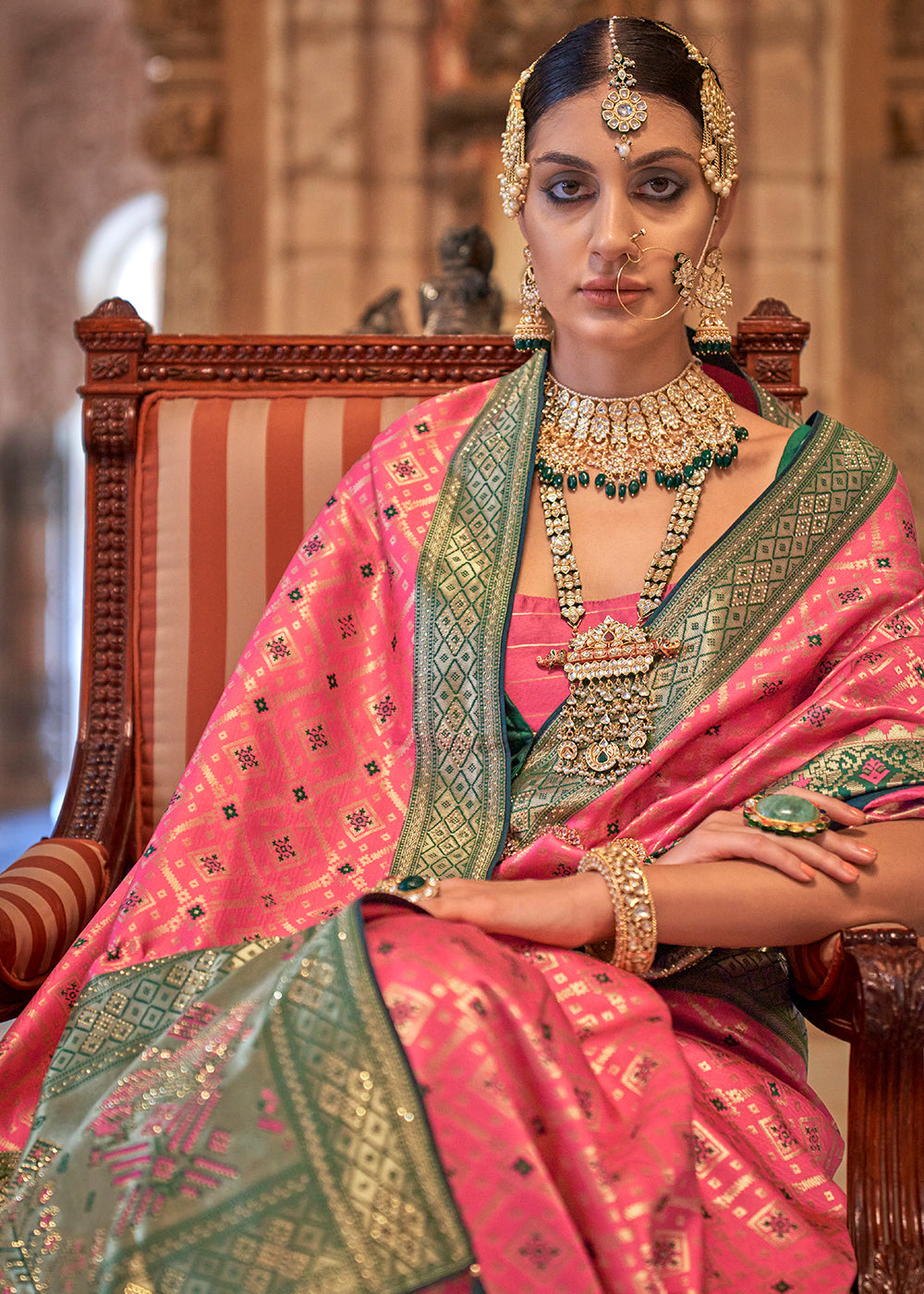 Carmine Pink Banarasi Jacquard Silk Saree with Swarvoski work - qivii