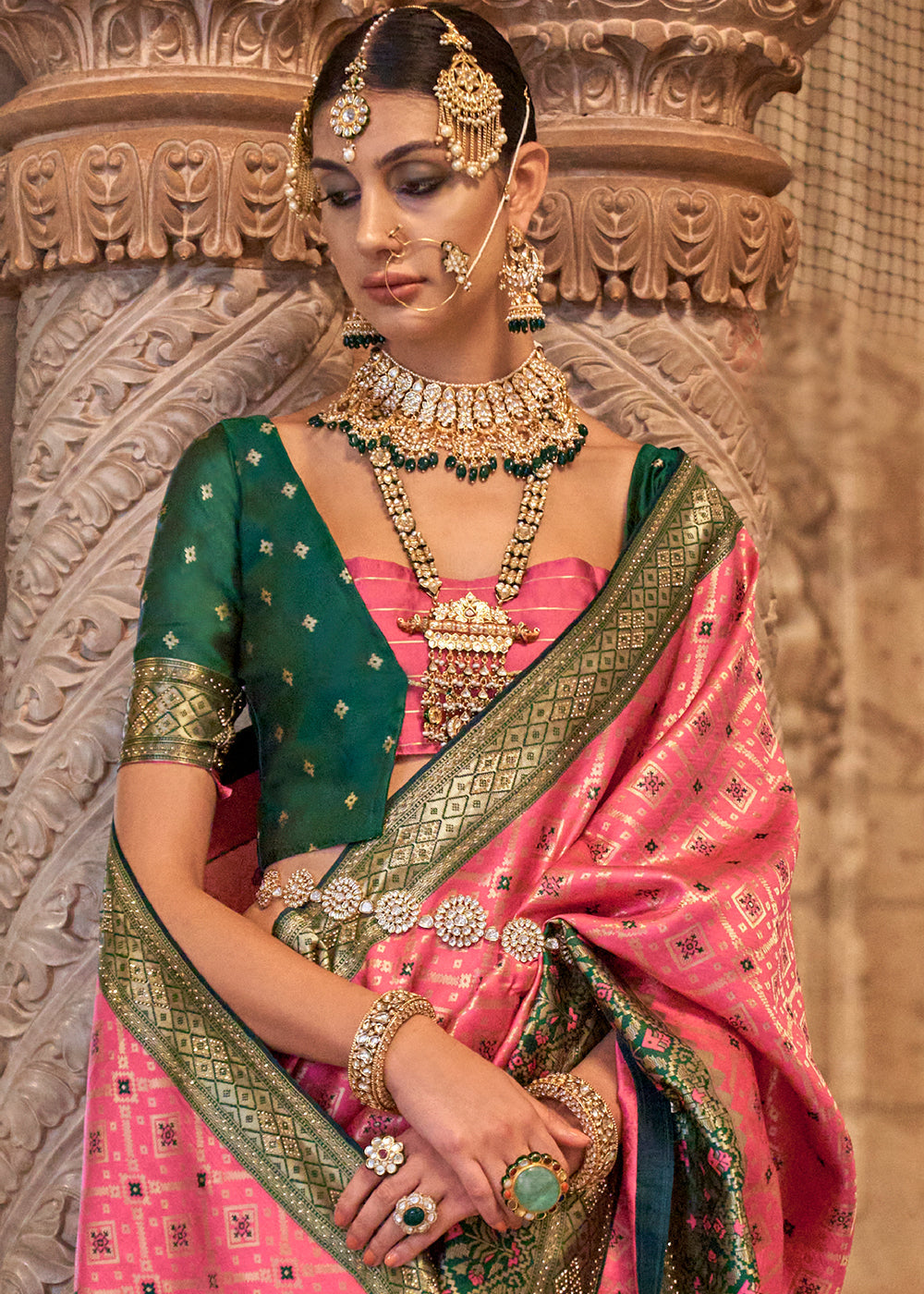 Carmine Pink Banarasi Jacquard Silk Saree with Swarvoski work - qivii