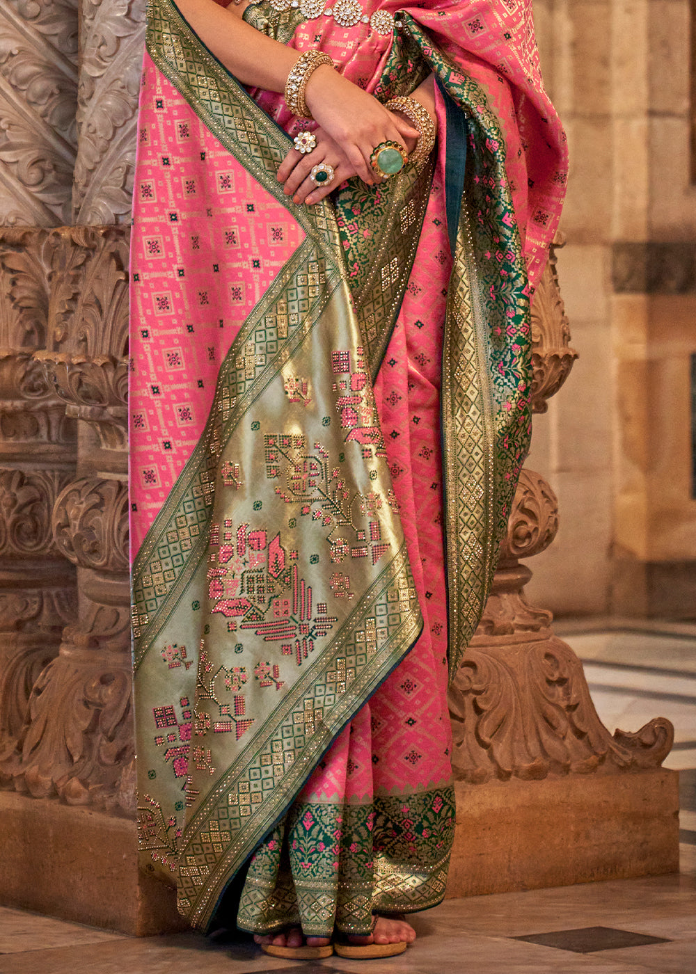 Carmine Pink Banarasi Jacquard Silk Saree with Swarvoski work - qivii