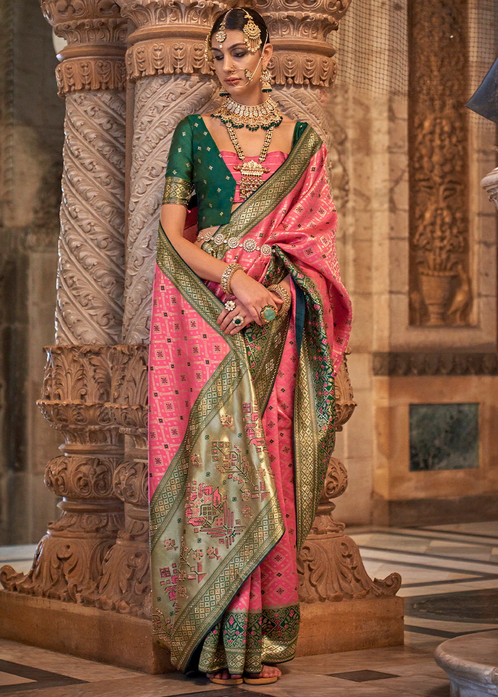 Carmine Pink Banarasi Jacquard Silk Saree with Swarvoski work - qivii