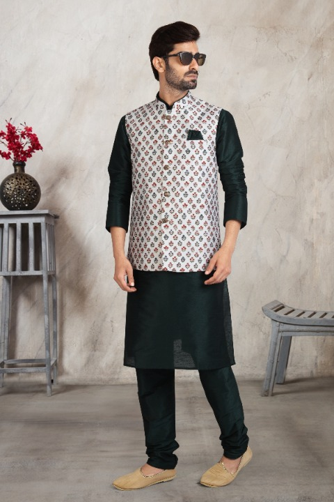 Men's Art Banarasi Silk Printed Work 3 Pics Jacket Set In Off White Colour