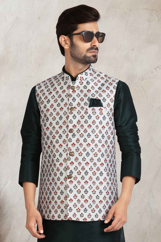 Men's Art Banarasi Silk Printed Work 3 Pics Jacket Set In Off White Colour
