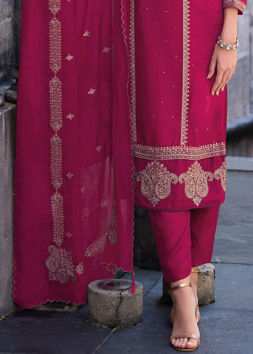 Magenta Pink Organza Suit with Floral Embroidery work