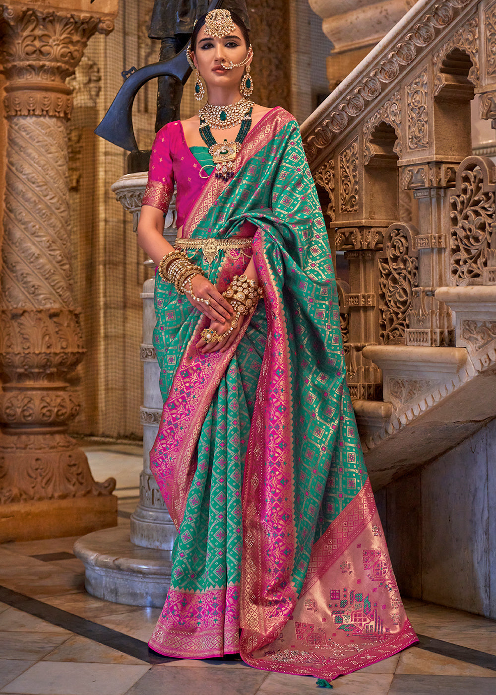 Tiffany Blue Banarasi Jacquard Silk Saree with Swarvoski work - qivii