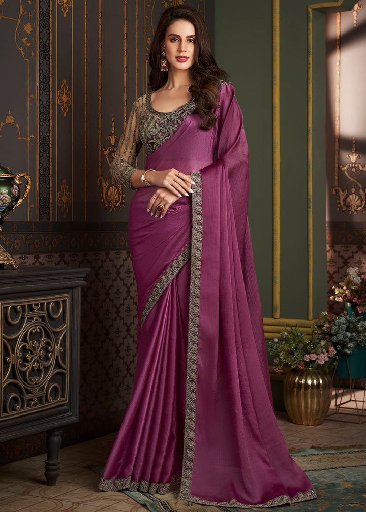 Pinkish Purple Designer Embroidered Chiffon Silk Saree