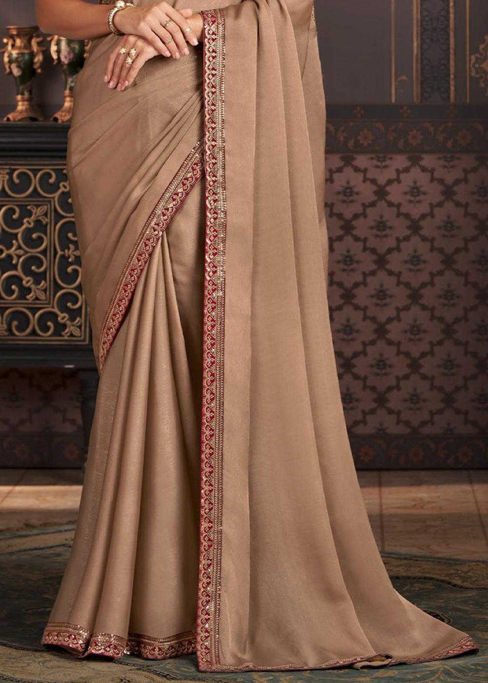 Tan Brown Designer Embroidered Silk Saree