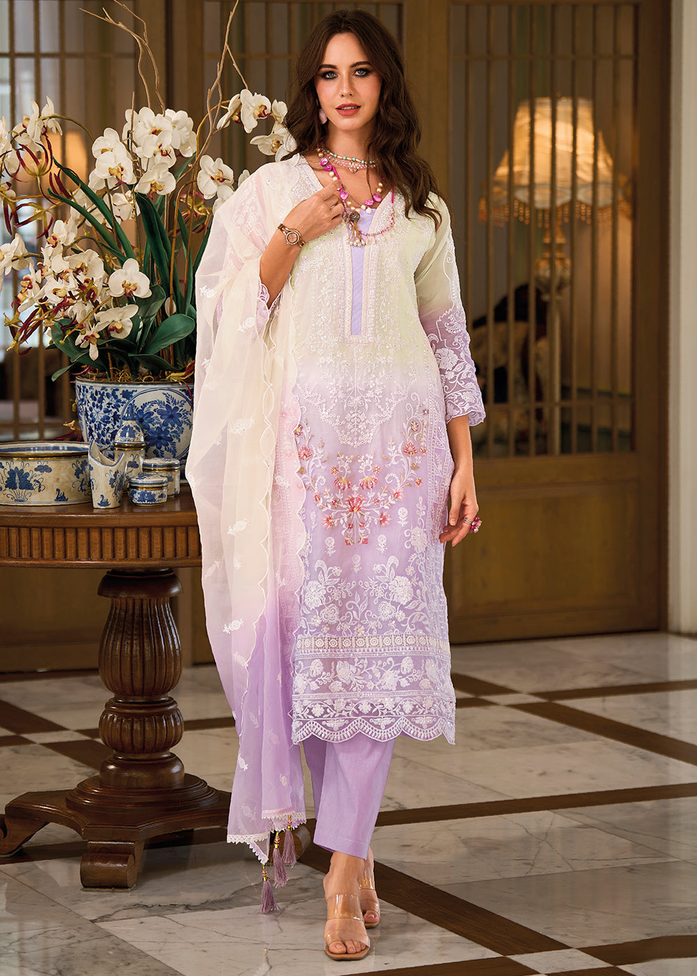 Shades Of Purple & White Organza Suit Having Beautiful Embroidery work