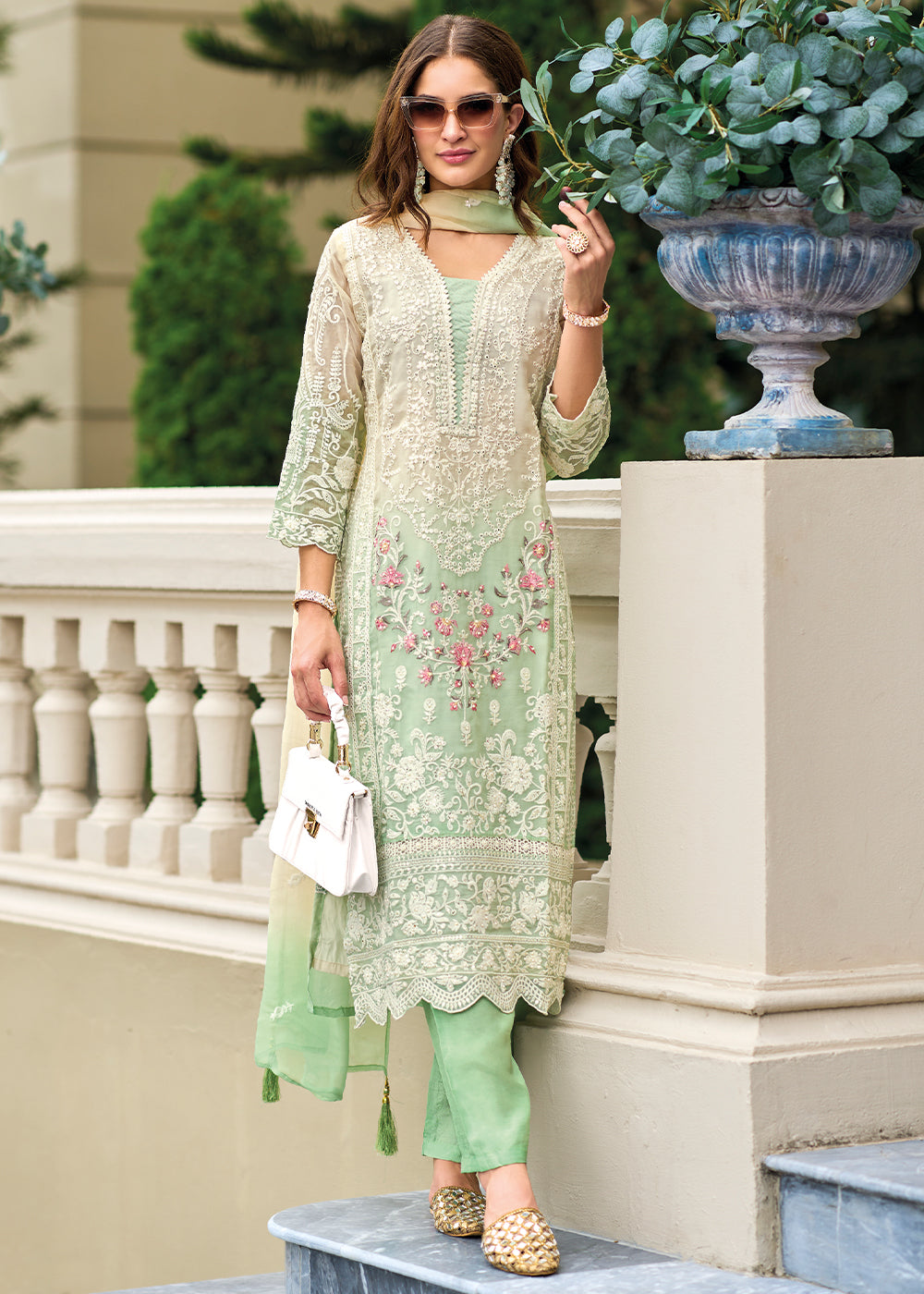 Shades Of Green & White Organza Suit Having Beautiful Embroidery work