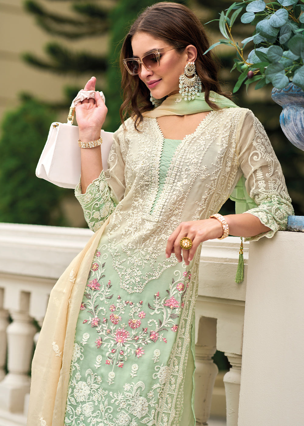 Shades Of Green & White Organza Suit Having Beautiful Embroidery work