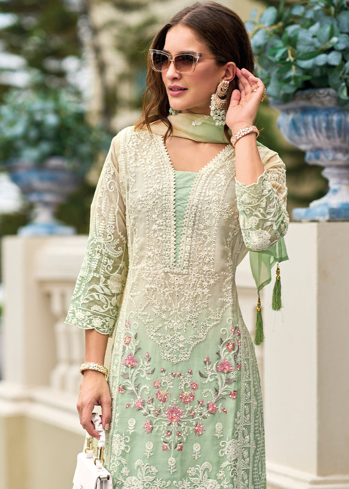 Shades Of Green & White Organza Suit Having Beautiful Embroidery work