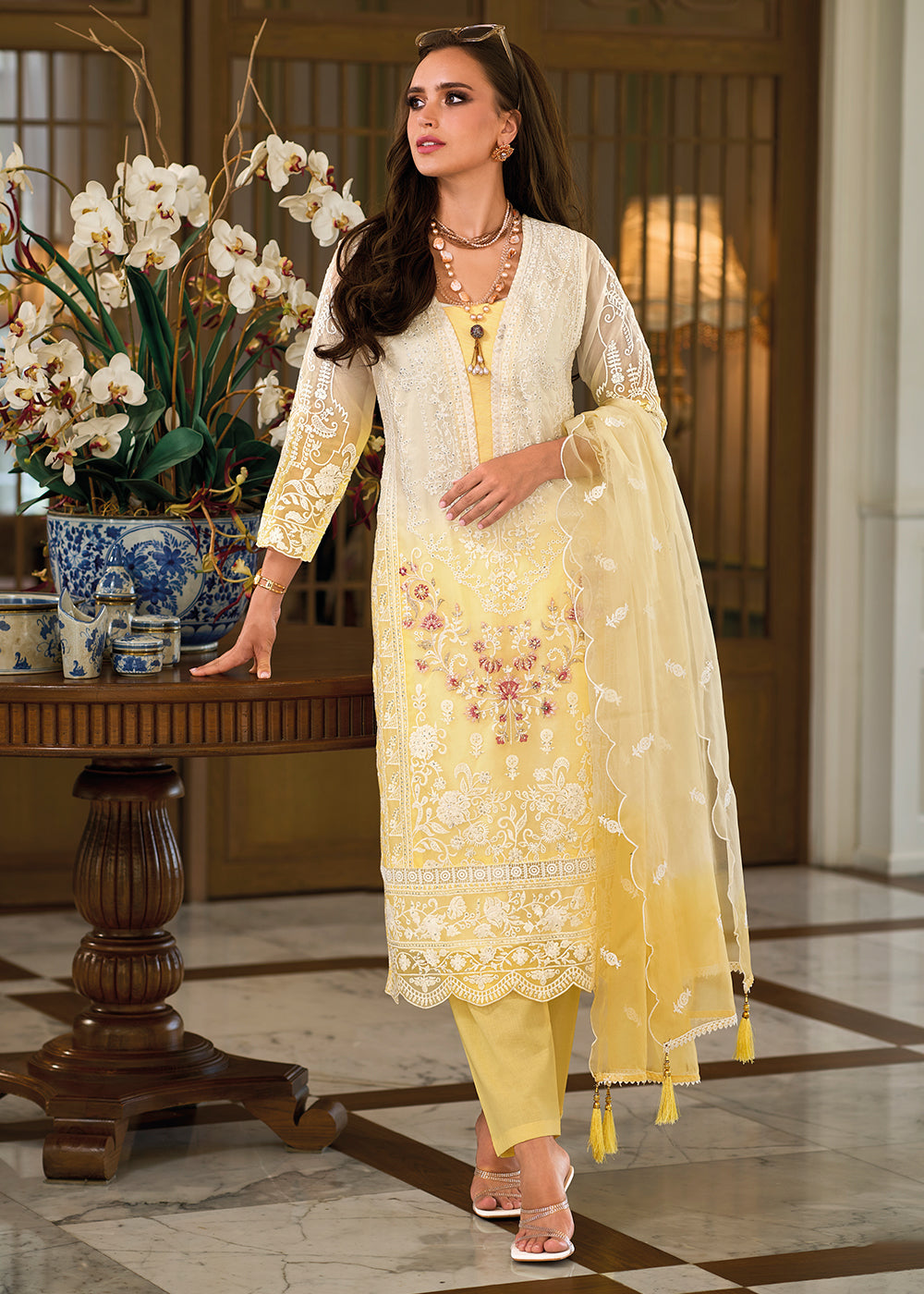 Shades Of Yellow & White Organza Suit Having Beautiful Embroidery work