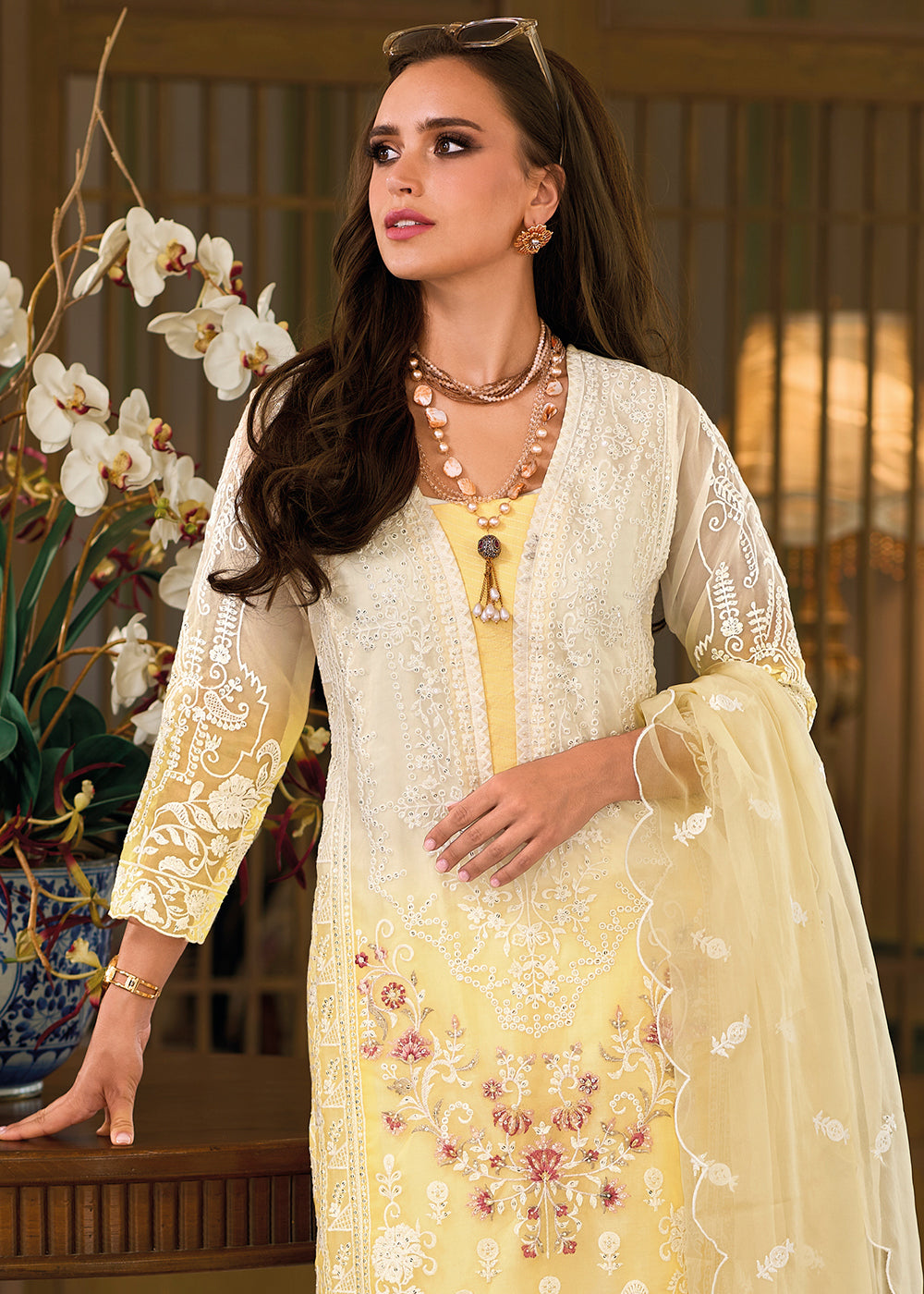 Shades Of Yellow & White Organza Suit Having Beautiful Embroidery work