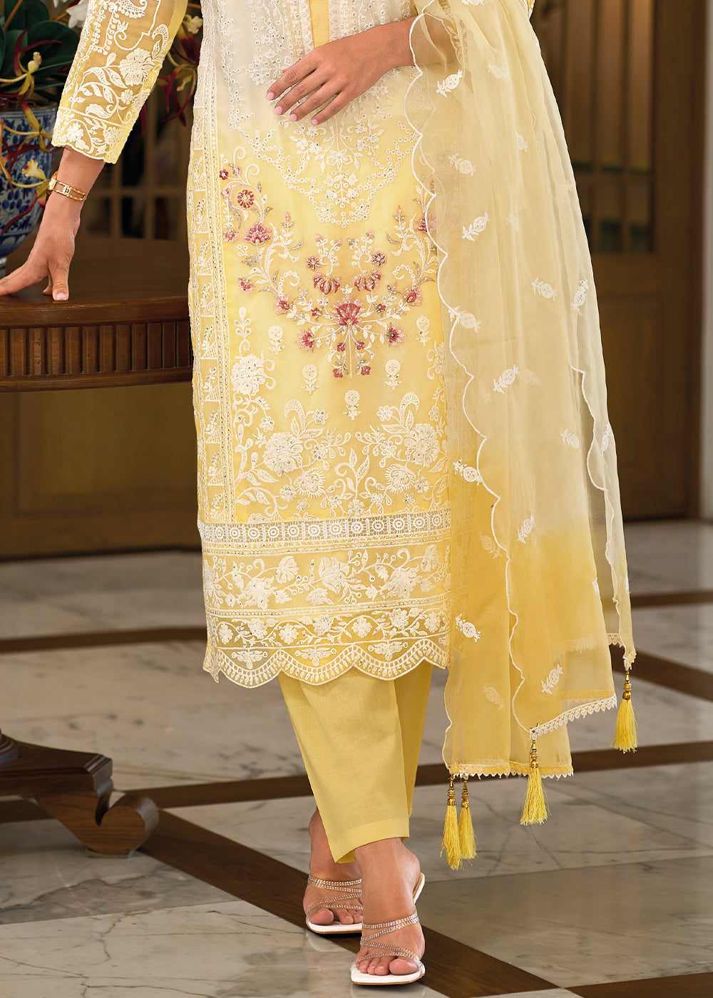 Shades Of Yellow & White Organza Suit Having Beautiful Embroidery work