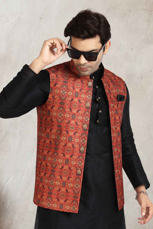 Men's Art Banarasi Silk Printed Work 3 Pics Jacket Set In Red Colour