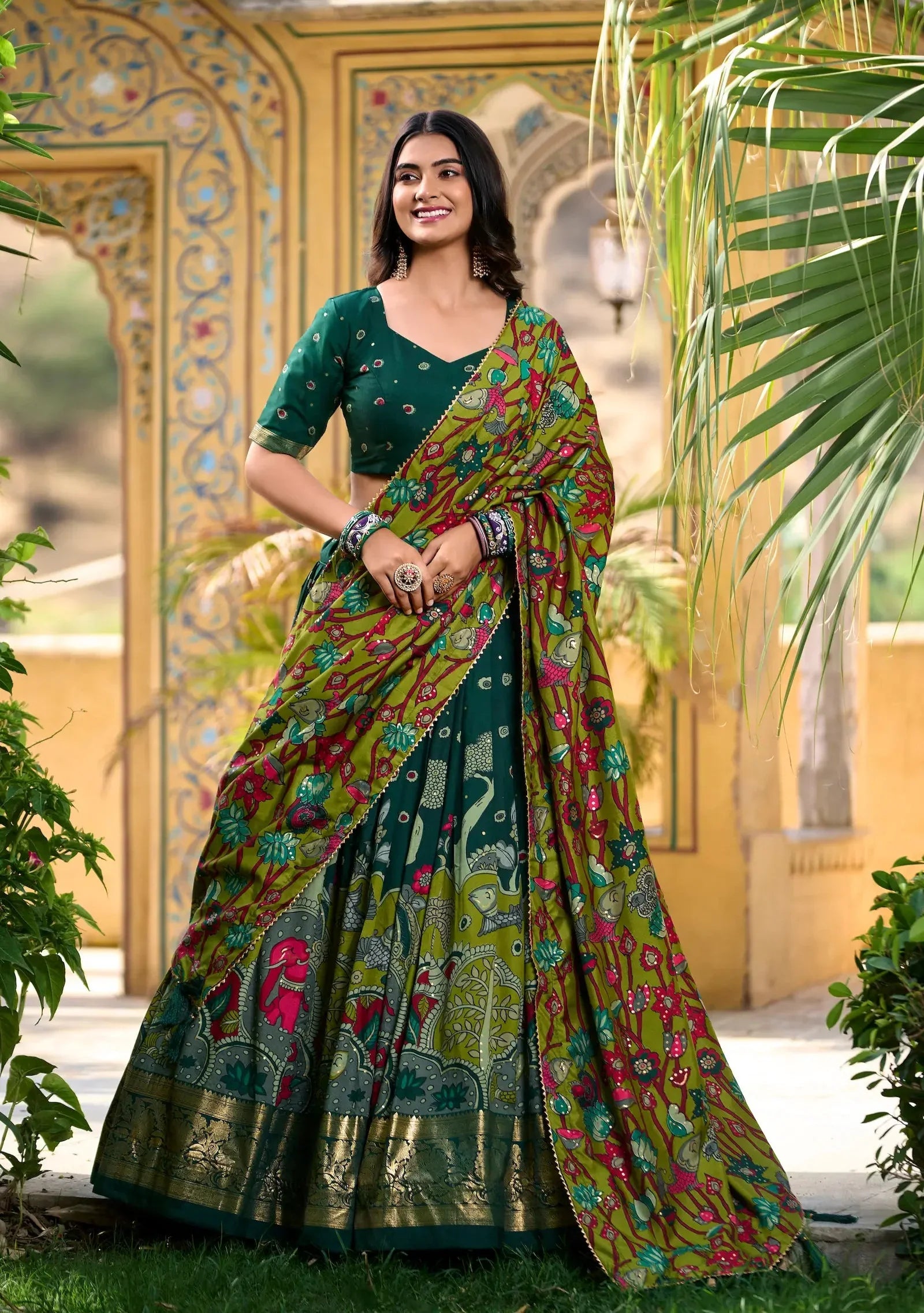 Green Tussar Silk Kalamkari Printed Lehenga Choli | Ready To Wear - qivii