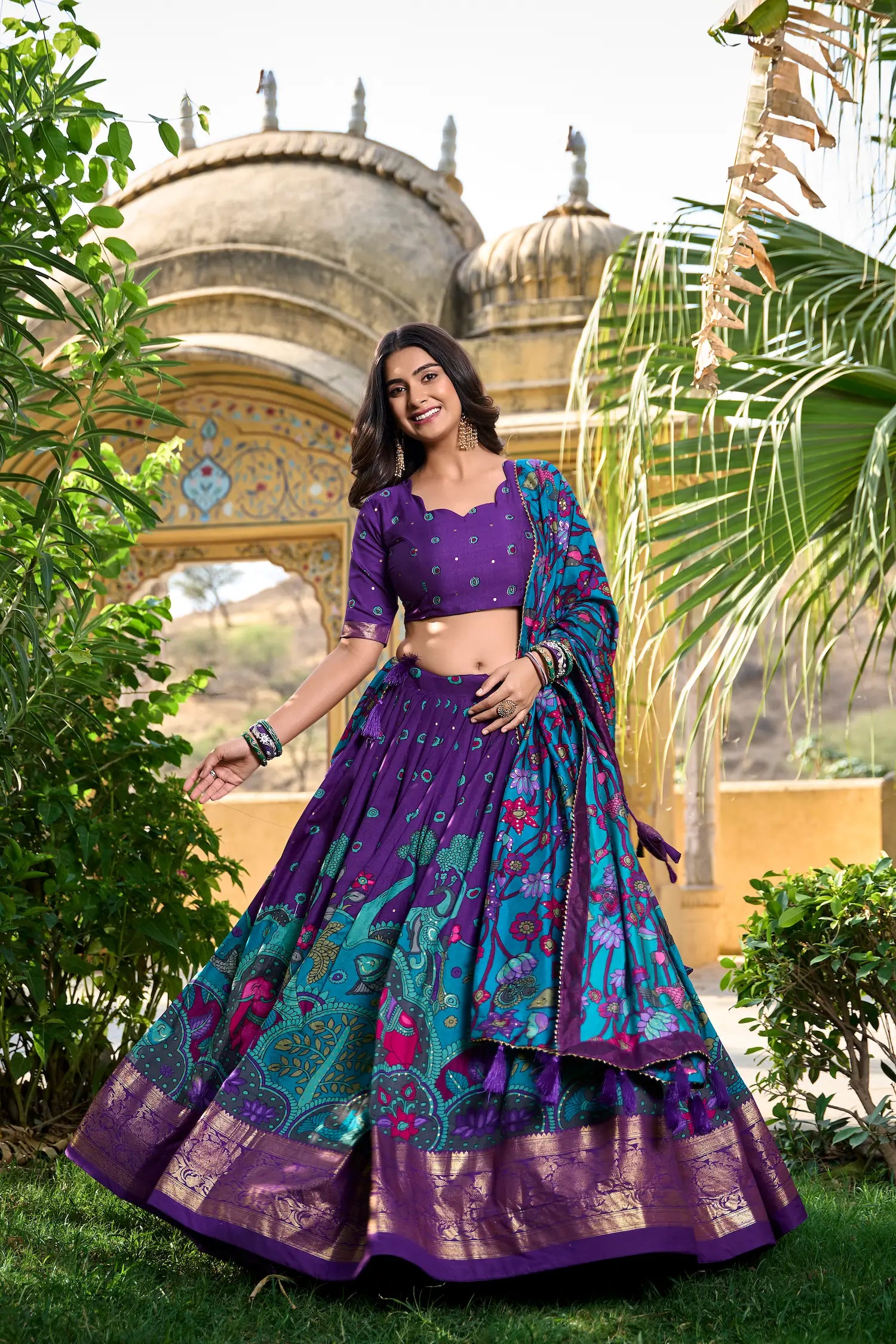 Purple Tussar Silk Kalamkari Printed Lehenga Choli | Ready To Wear - qivii