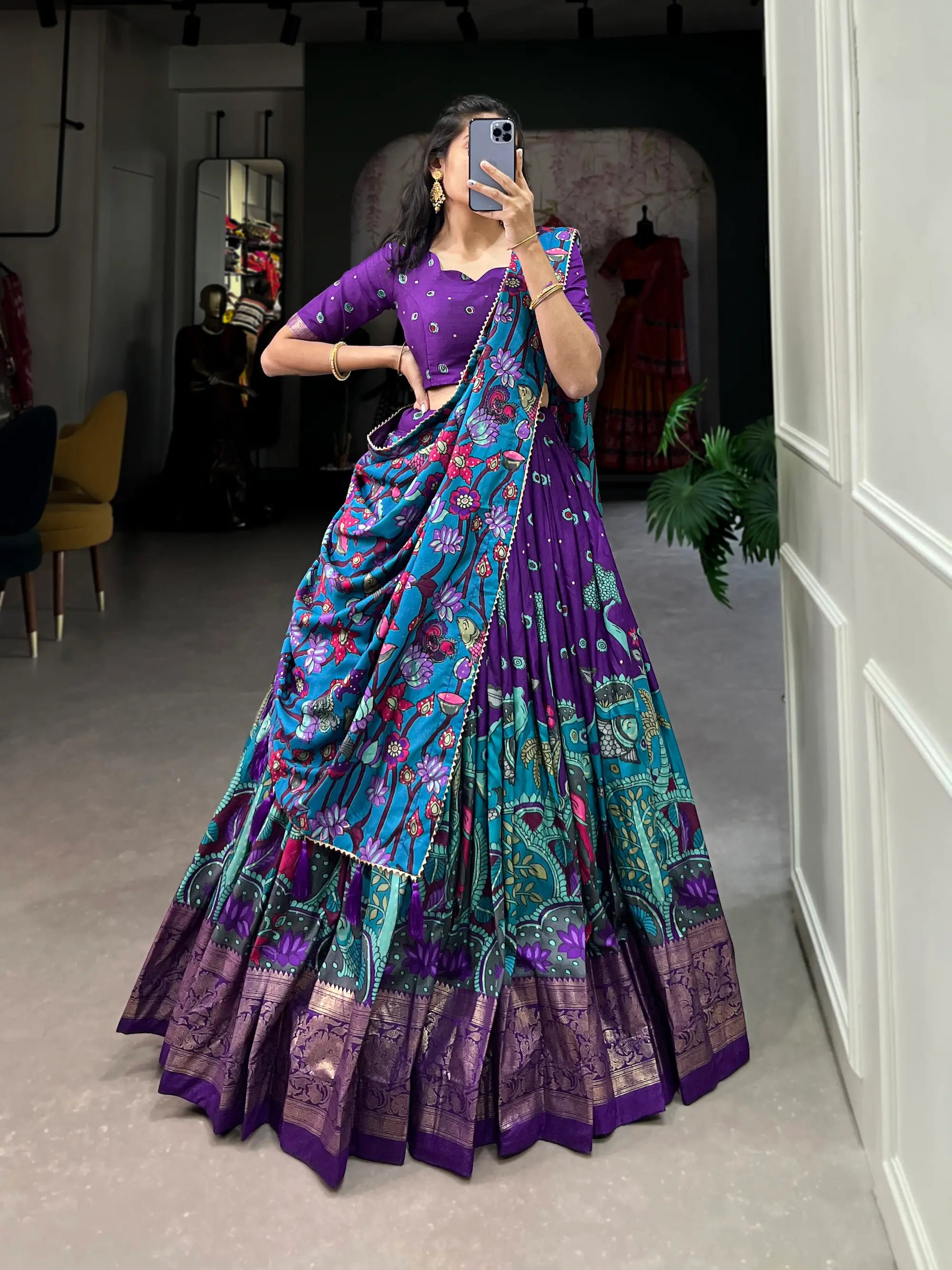 Purple Tussar Silk Kalamkari Printed Lehenga Choli | Ready To Wear - qivii