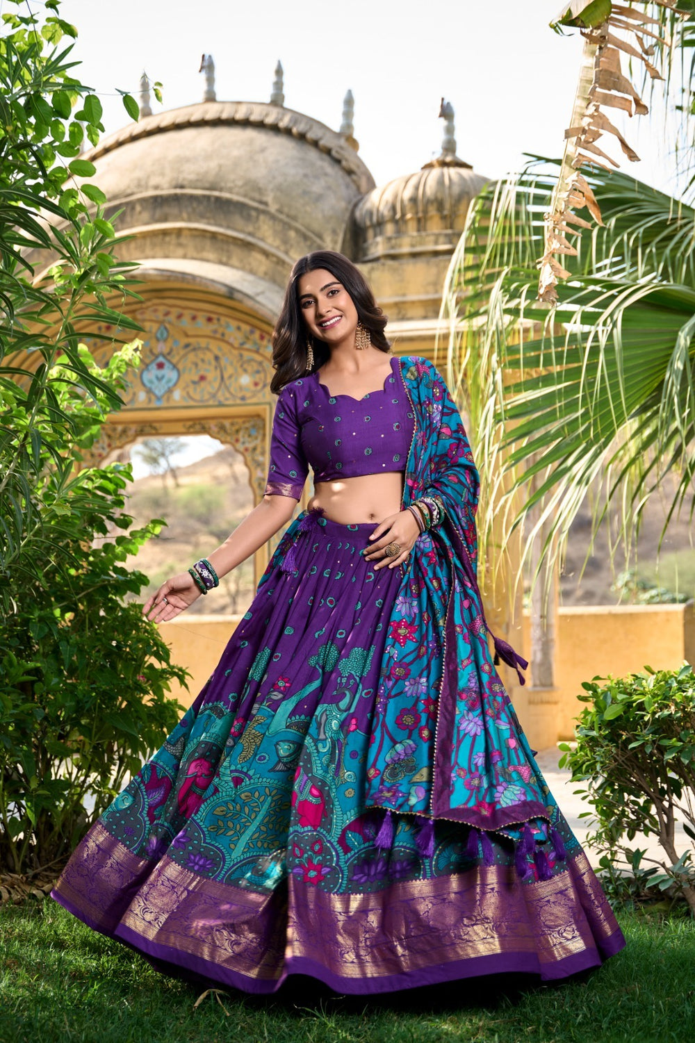 Elegant Tussar Silk Lehenga with Purple Kalamkari Print and Foil Work Border