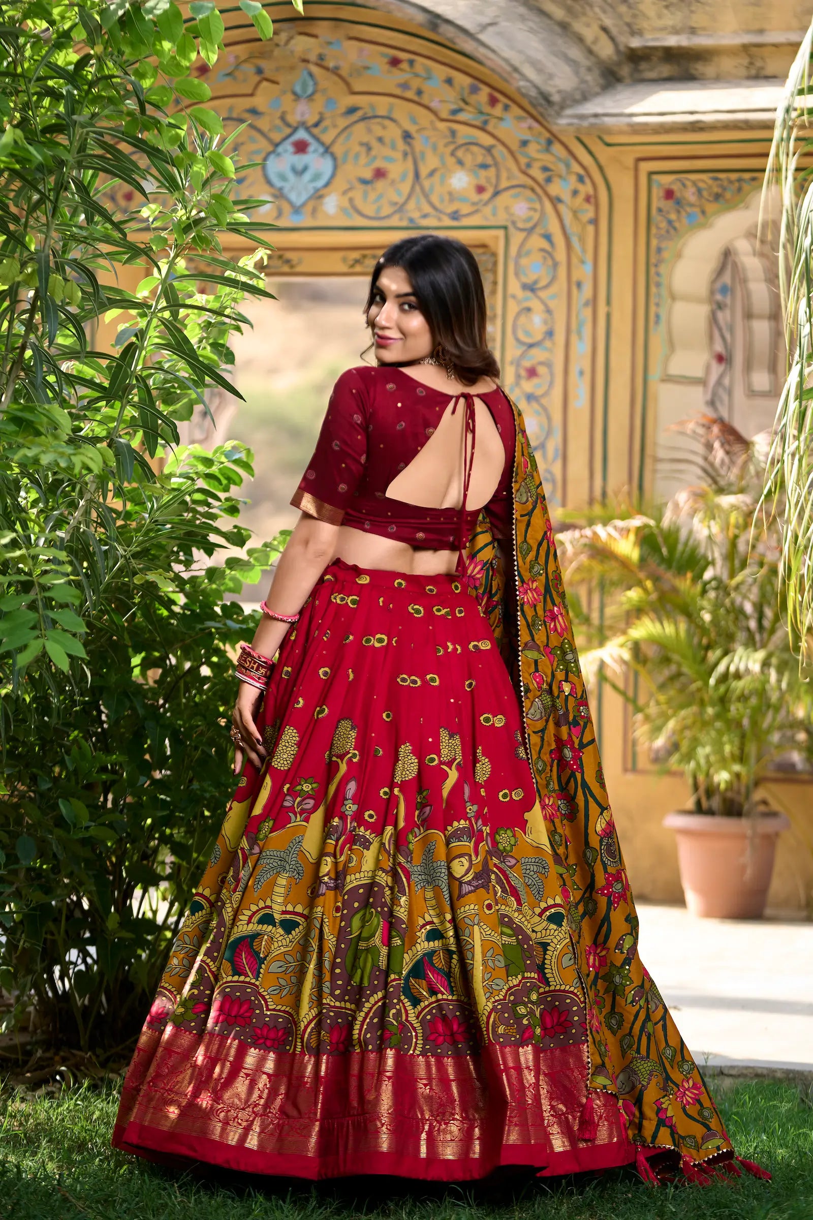 Red Tussar Silk Kalamkari Printed Lehenga Choli | Ready To Wear - qivii