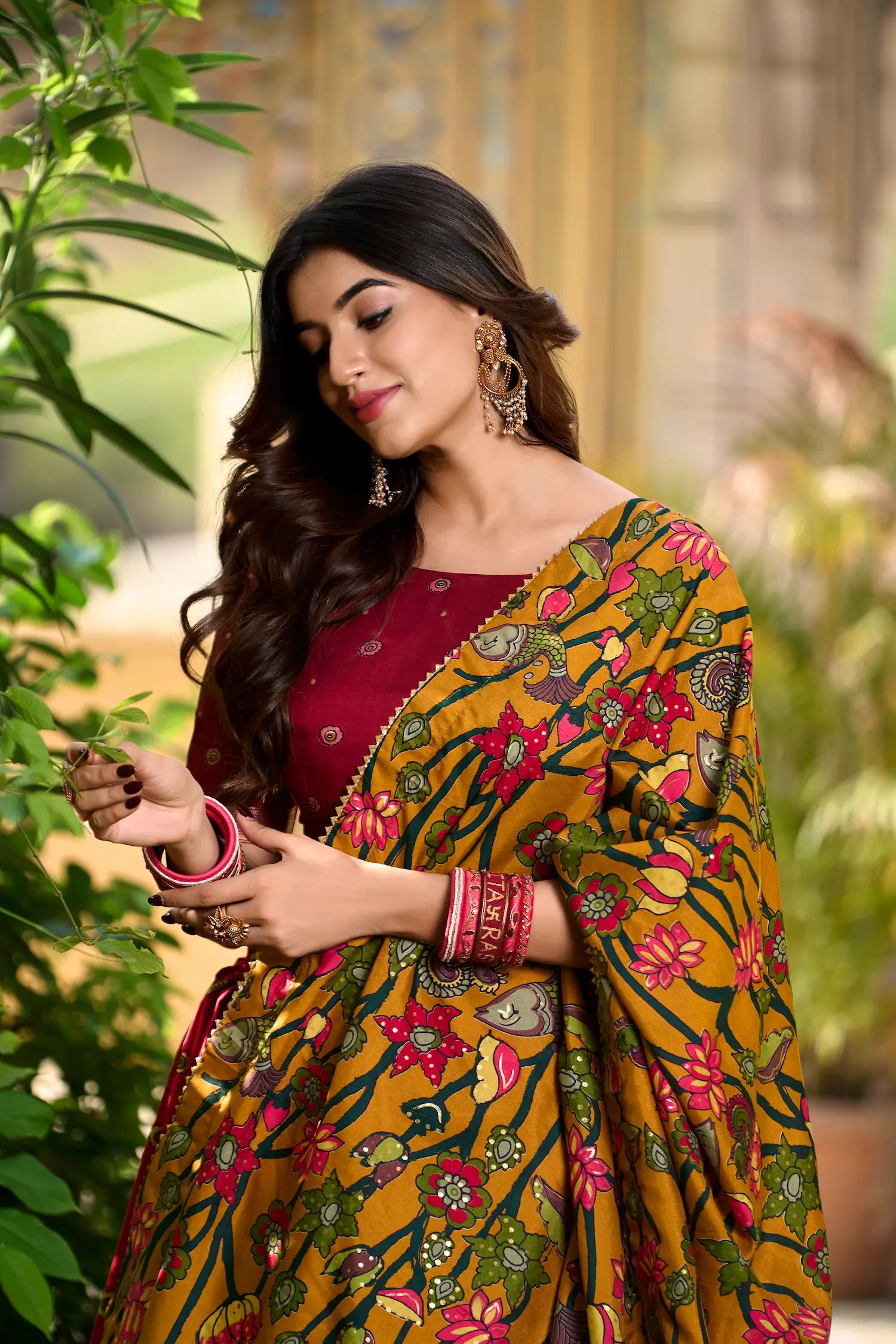 Red Tussar Silk Kalamkari Printed Lehenga Choli | Ready To Wear - qivii