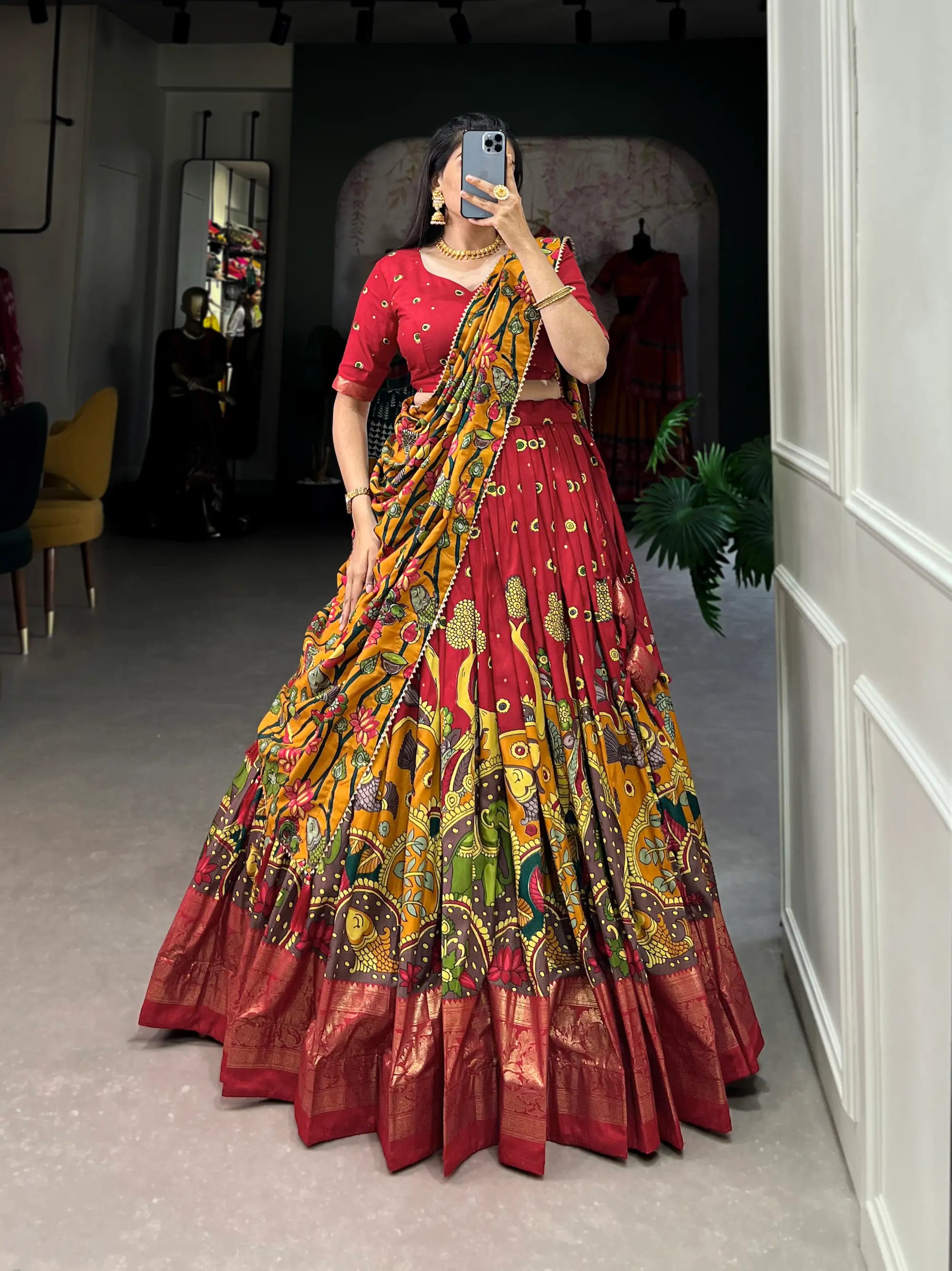 Red Tussar Silk Kalamkari Printed Lehenga Choli | Ready To Wear - qivii