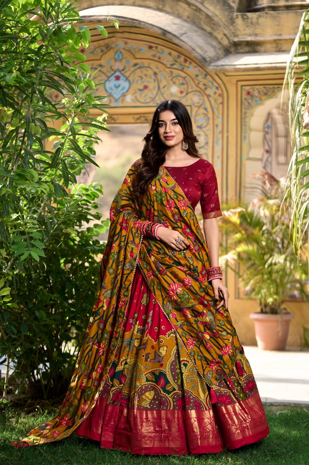 Red Color Tussar Silk Kalamkari Print With Foil Work Border Lehenga