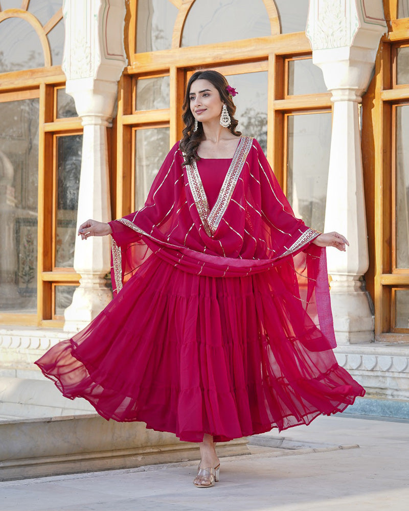 Rani Pink Color Five layer Georgette Anarkali Gown With Dupatta  - By Qivii