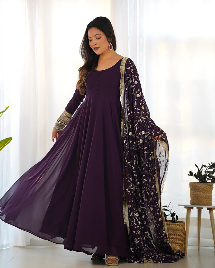 Wine Color Soft Georgette With Heavy Embroidery Work Dupatta Anarkali Suit  - By Qivii