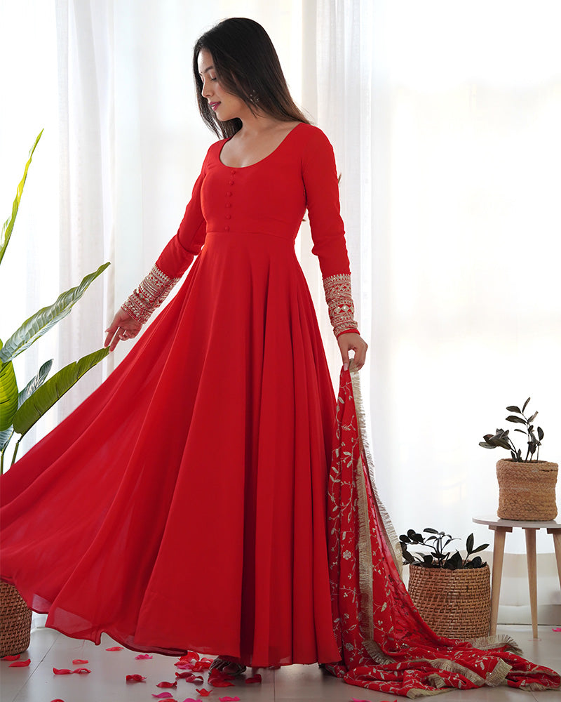 Elegant Red Color Soft Georgette Anarkali Gown With Heavy Embroidery Work - Side View