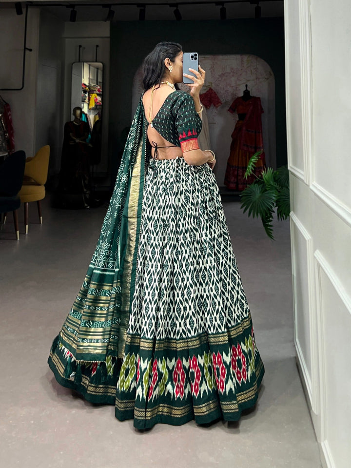 Green Tussar Silk Ikkat Print With Foil Work Lehenga