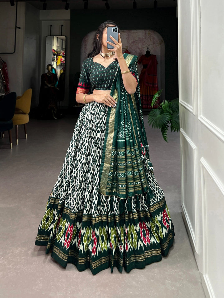 Green Tussar Silk Ikkat Print With Foil Work Lehenga