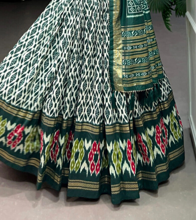 Green Tussar Silk Ikkat Print With Foil Work Lehenga Choli