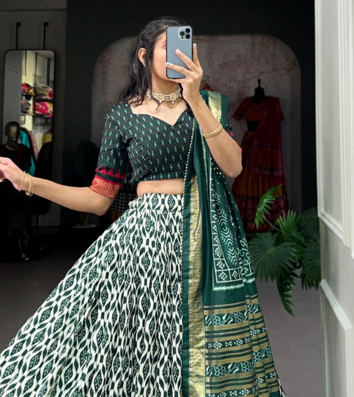 Green Tussar Silk Ikkat Print With Foil Work Lehenga Choli