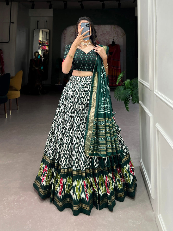 Green Tussar Silk Ikkat Print With Foil Work Lehenga Choli