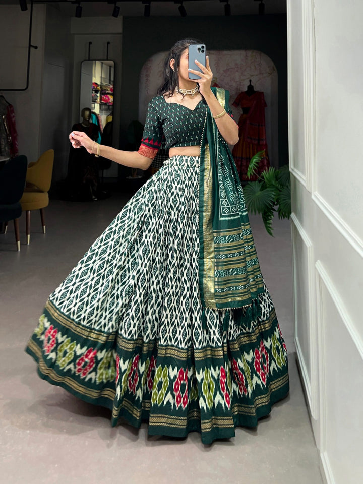 Green Tussar Silk Ikkat Print With Foil Work Lehenga Choli