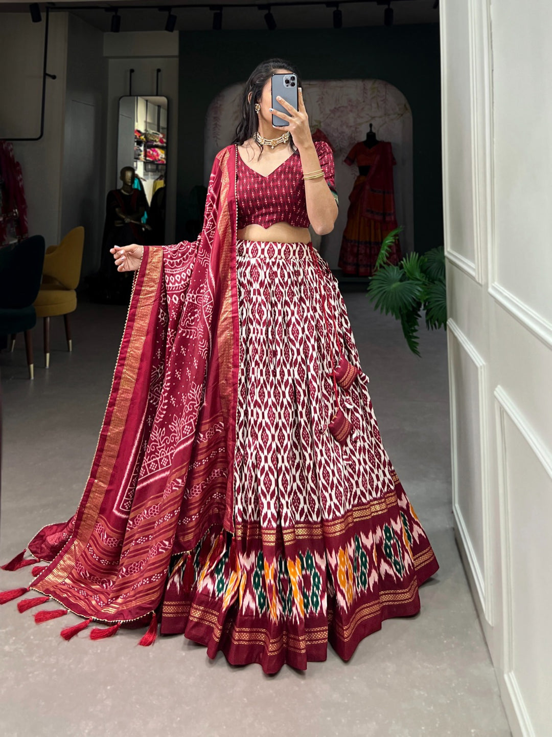 Maroon Tussar Silk Ikkat Print With Foil Work Lehenga