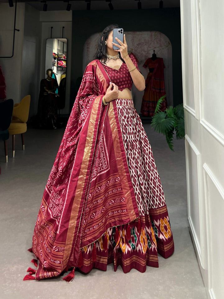 Maroon Tussar Silk Ikkat Print With Foil Work Lehenga