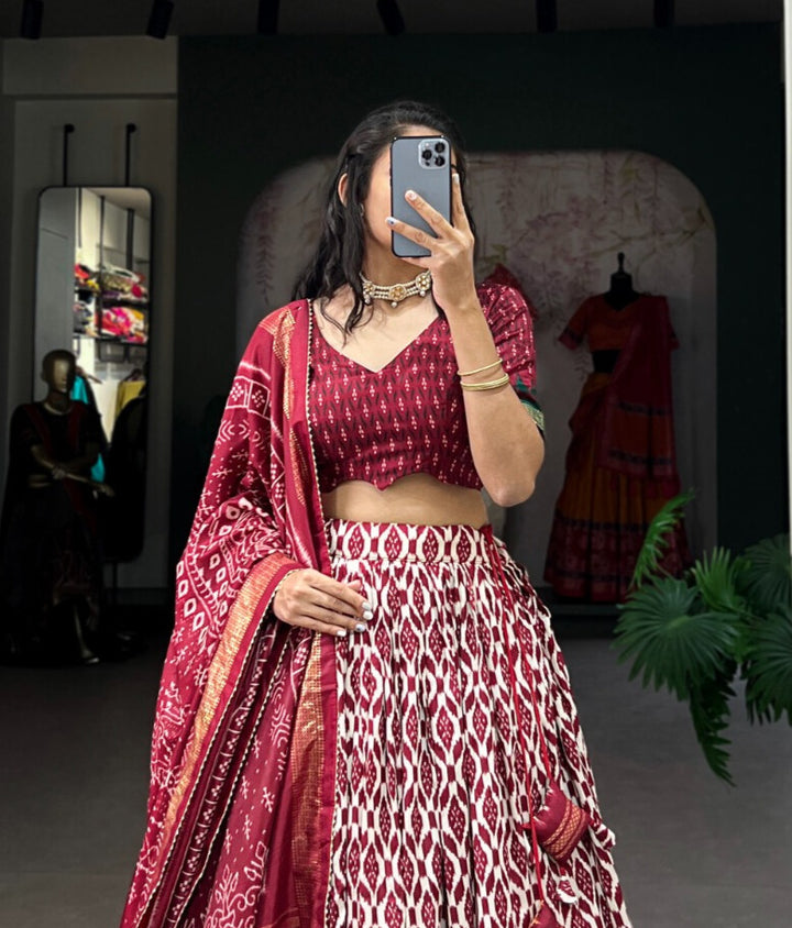 Maroon Tussar Silk Ikkat Print With Foil Work Lehenga Choli